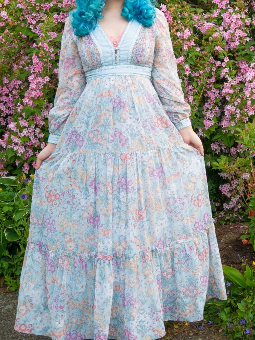 Vintage Prairie Blue Floral Tiered Candi Jones Dress